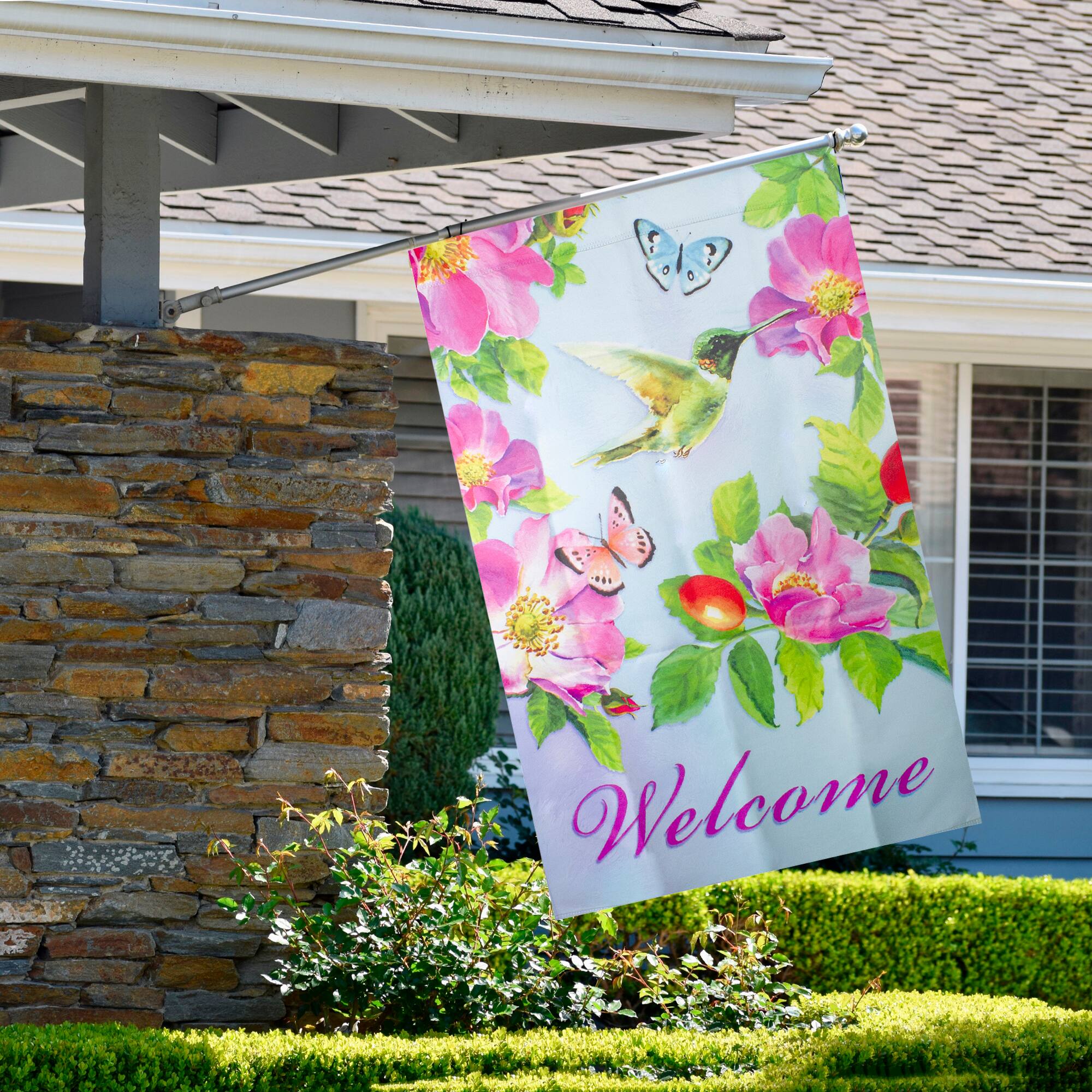 40" Pink & Blue Welcome Hummingbird Floral House Flag